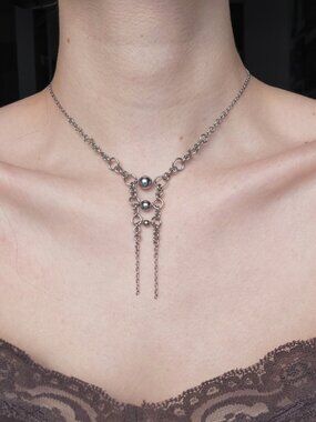 Gothic unique silver double rosary necklace ✦ vintage pearl necklace ✦